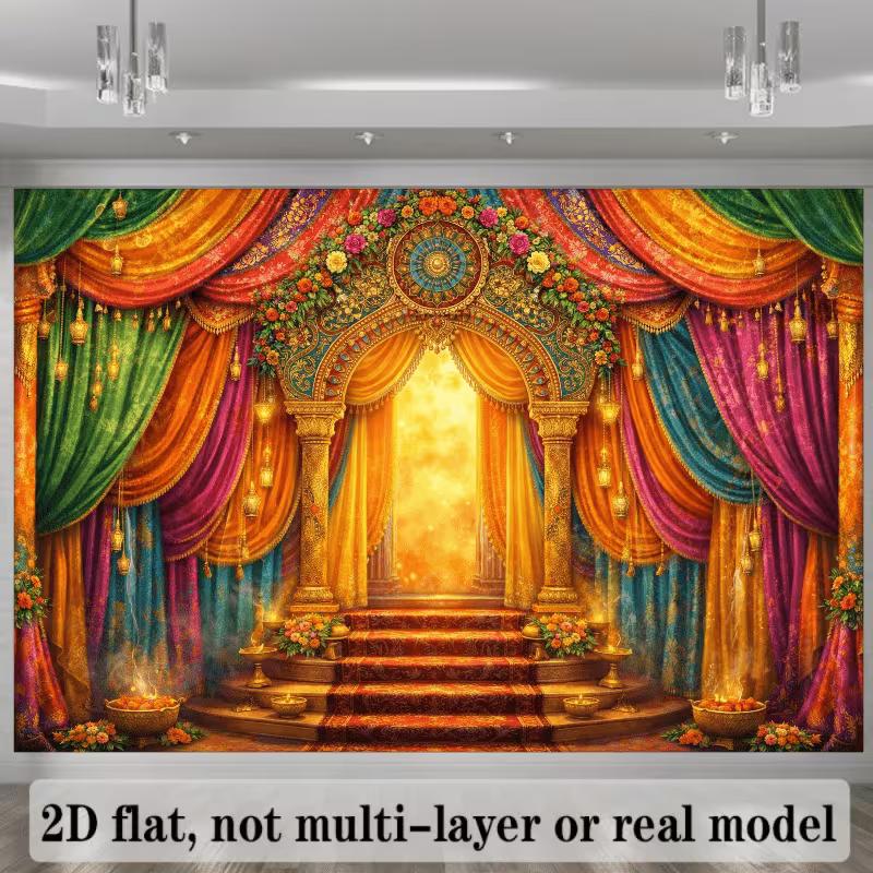Opulent Indian Palace Tapestry, Regal Stage with Rich, Colorful Drapes and Golden Arch, Festive Bollywood Wall Art