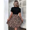New Fashion Leopard Print Splicing Short Sleeved Dress Elegant O Neck Slim Fit A-line Party Short Dresses Lace-up Elegant Loose Streetwear Clothing