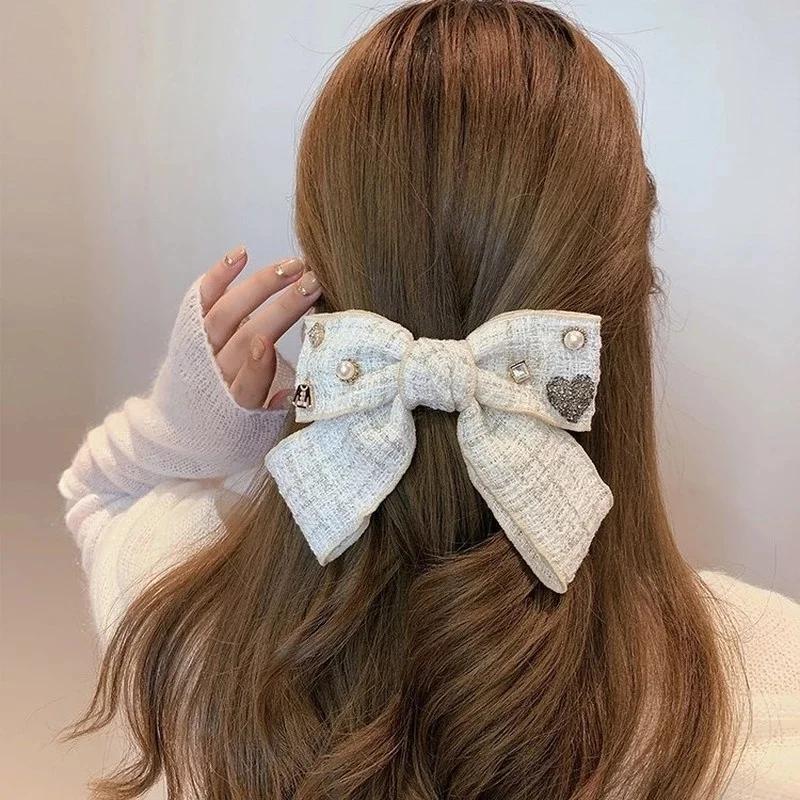 Elegant Plaid Fabric Bow Women's Pearl Rhinestones Gentle and Sexy Hair Clips Cute As Fashionable Headwear Accessories for Girls