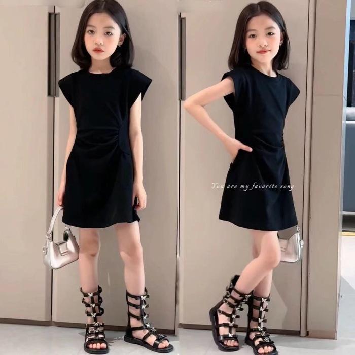 Girls Sleeveless Solid A-Line Dress with Waist Cinch for Summer 90
