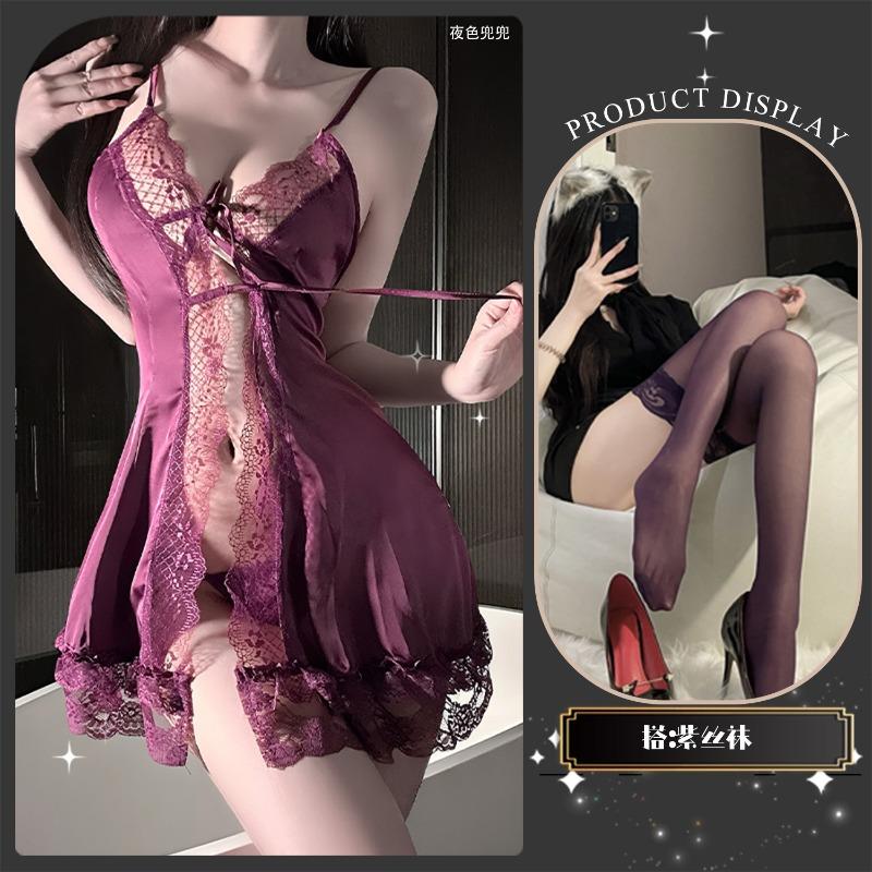 Sexy Lingerie Sexy Front Open Placket Deep Seduction Pajamas Women Hollow Lace-up Free Uniform Seduction Pajamas 6