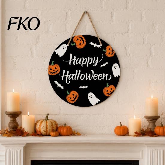 Halloween Door Sign Hanging Sign, Wooden Front Hanger Wreath, Cute Decoration Ghost Welcome for Porch Wall Indoor Home Festive Decor