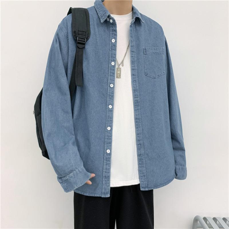 Herren Langarm Harajuku Denimhemd - Lässiger Hongkong-Stil, lockere Passform für Frühling und Herbst.