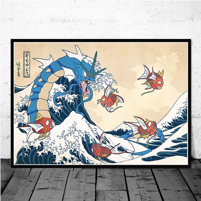 Massivholzrahmen Kreative Pokemon Japanische Anime Pikachu Poster Die Große Welle Leinwand Malerei Wohnzimmer Dekor Wandkunst Drucke Wandbild Pictur