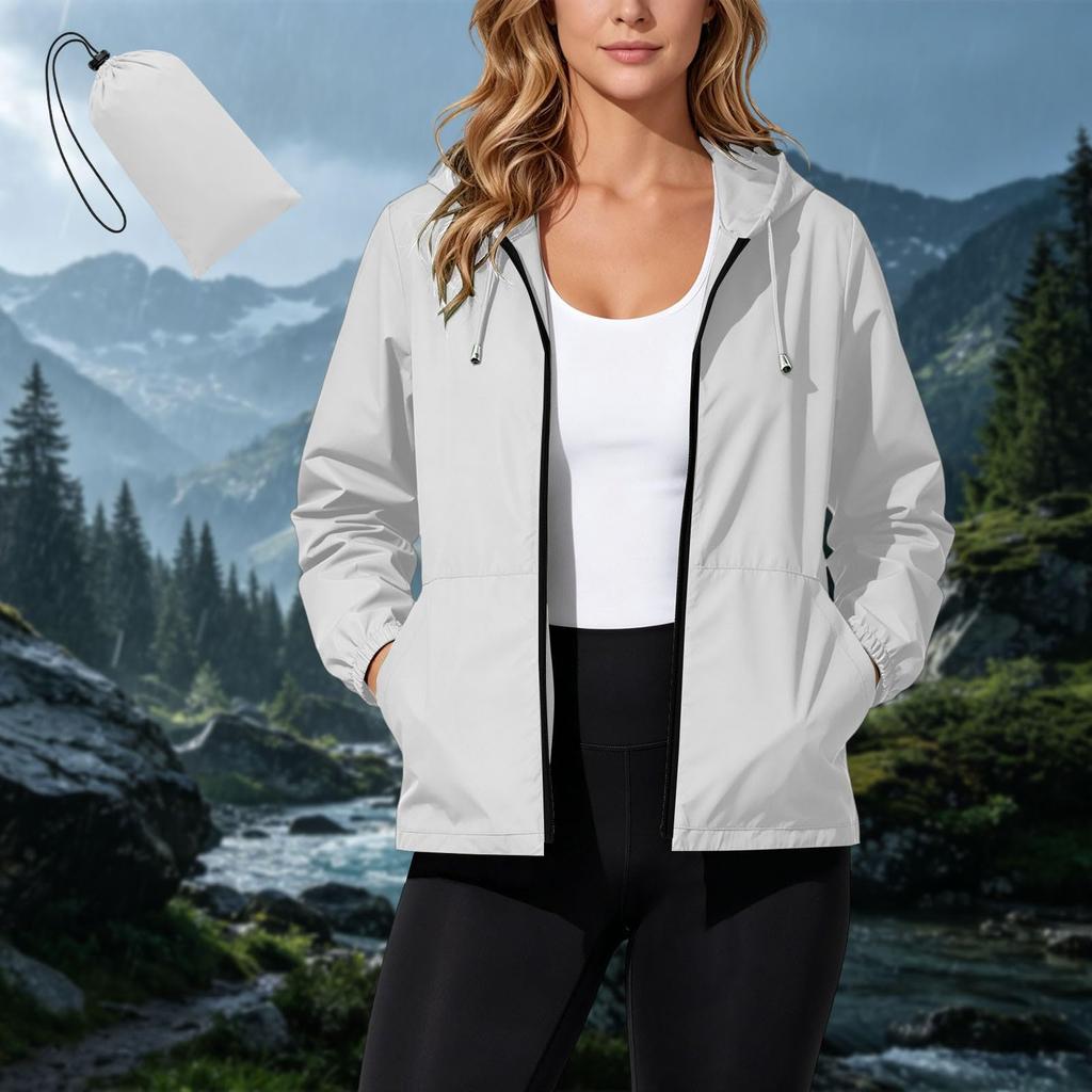 Women's Waterproof Windproof Hooded Jacket Lightweight Packable Outdoor Raincoat with Zipper Pockets and Adjustable Drawstring Hood