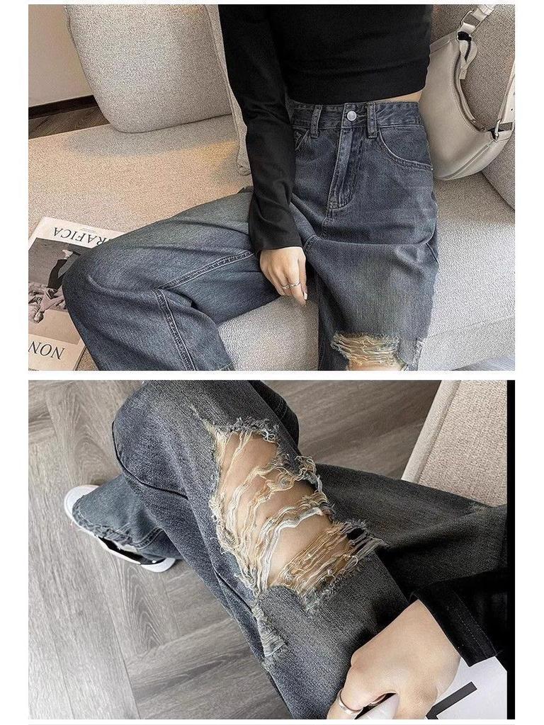 Hong Kong Retro Women's Ripped Slimming Wide-Leg Jeans, Nine-Tenth Length, Summer 2026 Style