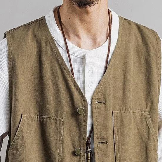 Jarní podzimní rybářská vesta Jednobarevné Kapsy Bez rukávů Výstřih do V Korejský styl Volná vesta pro outdoor