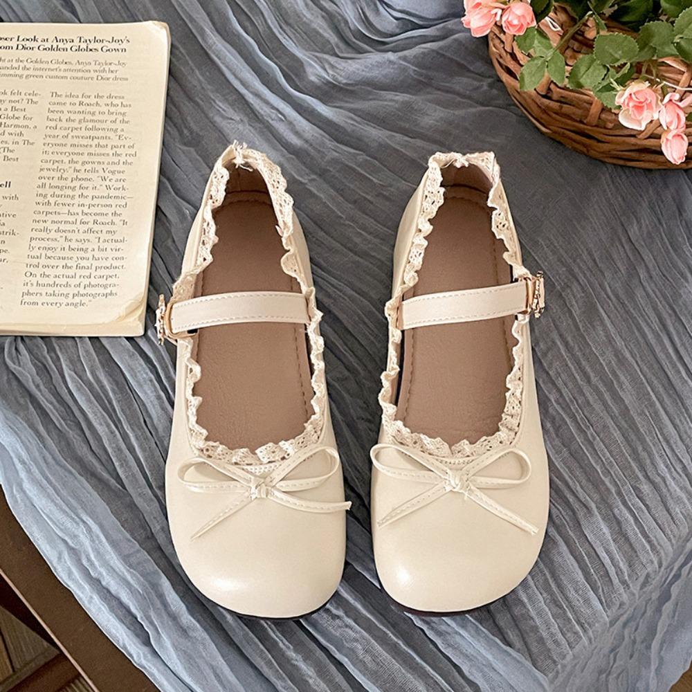 Lolita Couro PU Sapatos JK Planos Laço Doce Slip-on Mocassins Sola Macia Renda Franzido Sapatos Mary Jane Femininos