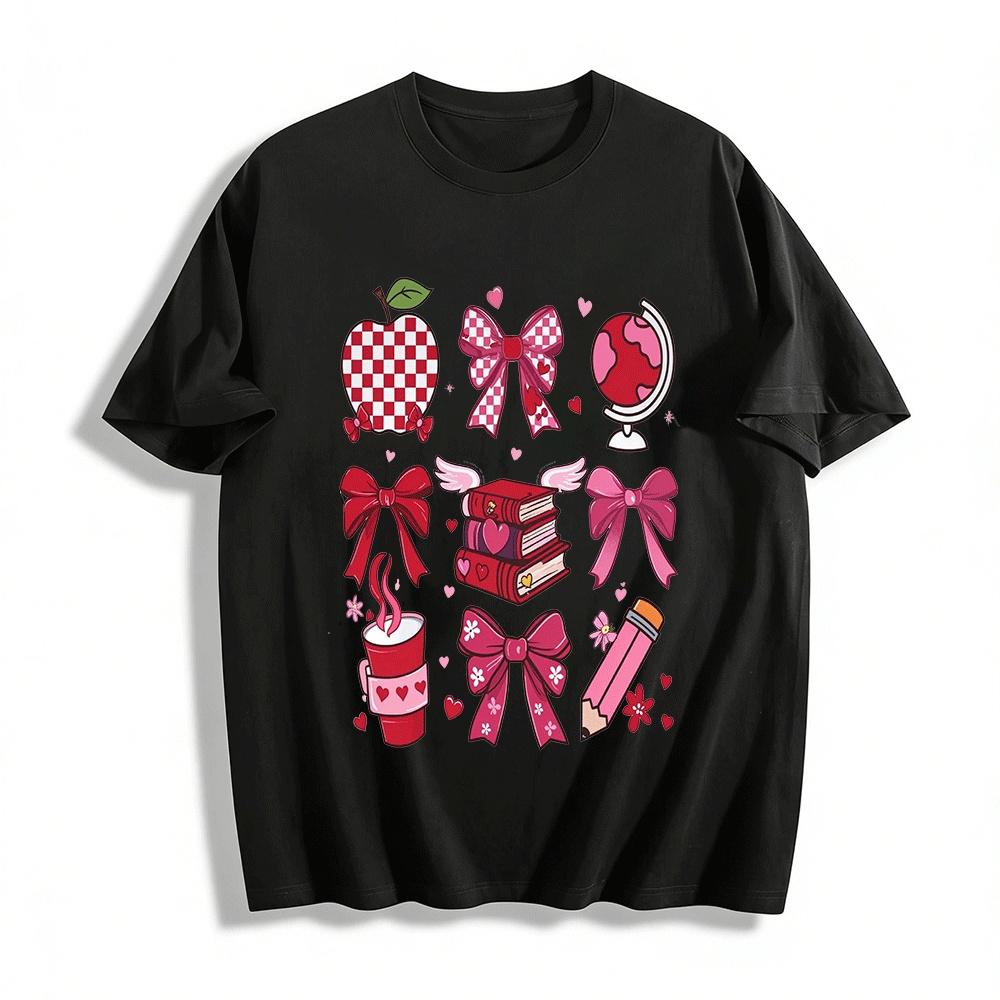 Heart Bow Apple Book Print Casual Top Pure cotton T-shirt XXS