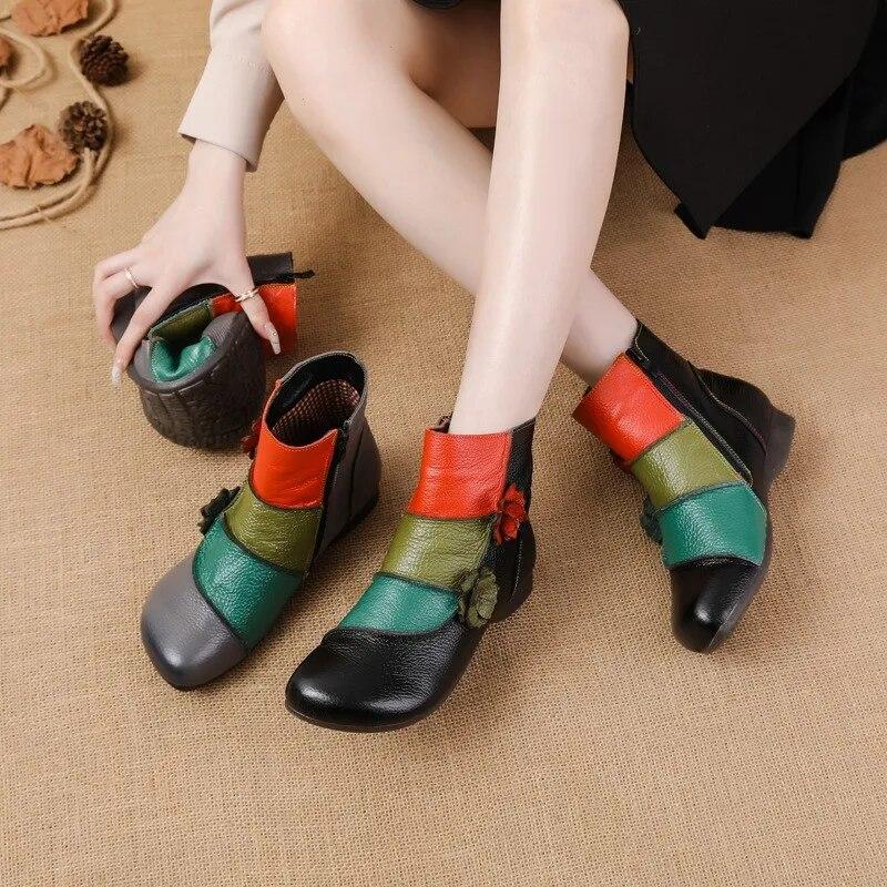 Johnature Ethnic Style Flower Mixed Colors Genuine Leather Women's Versatile Boots Warm Cotton Shoes