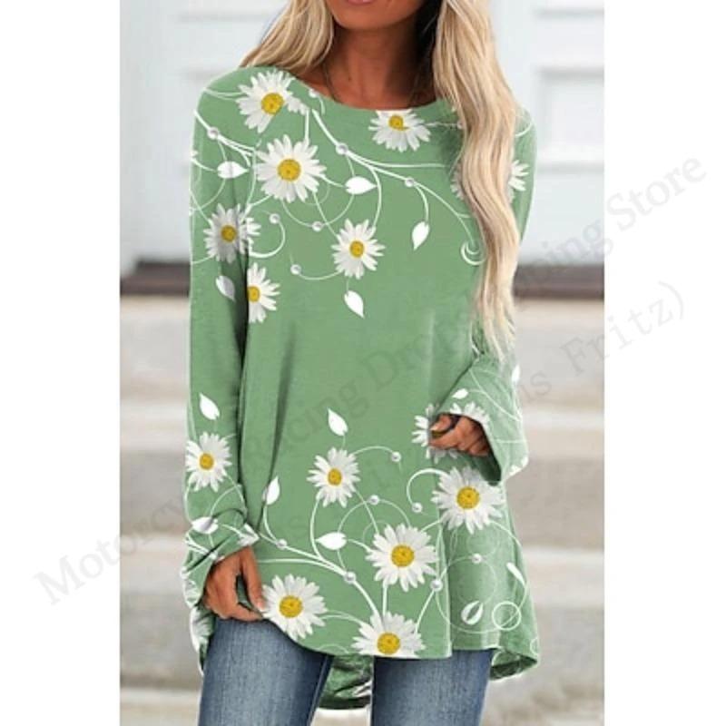 Spring and Autumn Round Neck Small Daisy Flower Pattern 3D Printed Top Fashionable Casual Long Sleeved Women's T-shirts