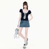 Korean Navy Blue Polka Dot Lace-up Fake Two-piece Short-sleeved T-shirt Women's Summer New Slim-fit and Thin Top