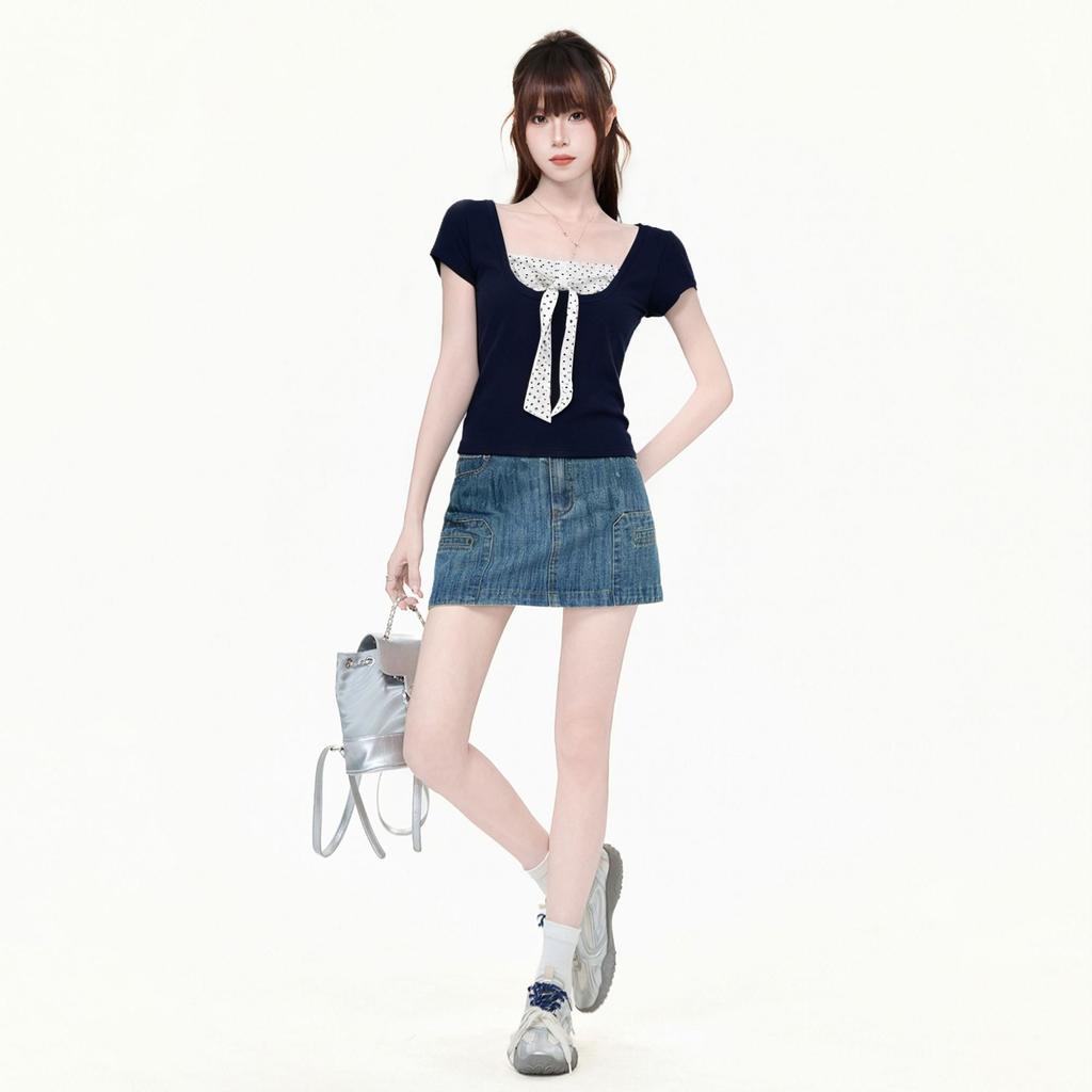 Korean Navy Blue Polka Dot Lace-up Fake Two-piece Short-sleeved T-shirt Women's Summer New Slim-fit and Thin Top