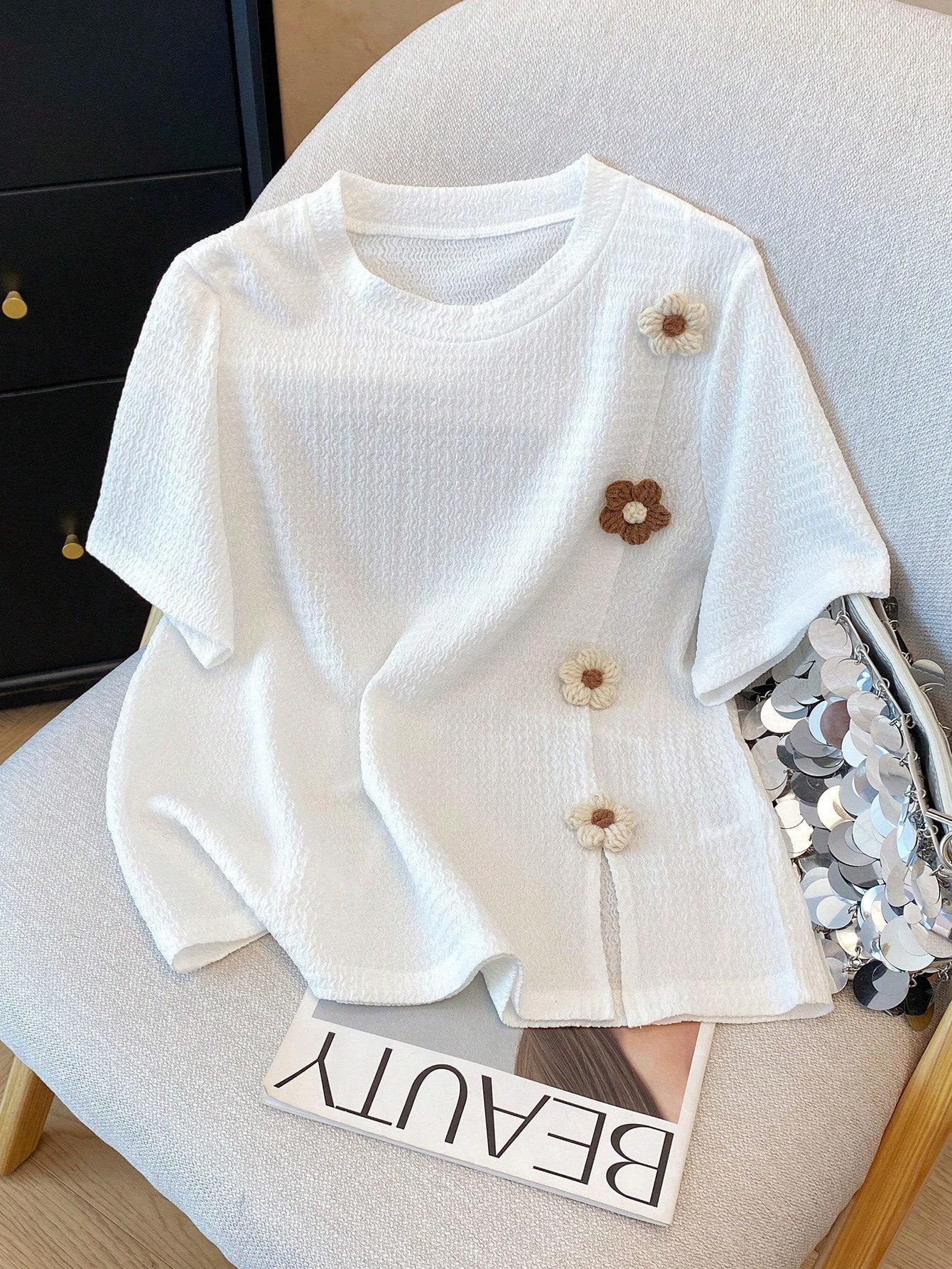 Women s 3D Floral Solid Color Round Neck Short Sleeve Top Medium белый