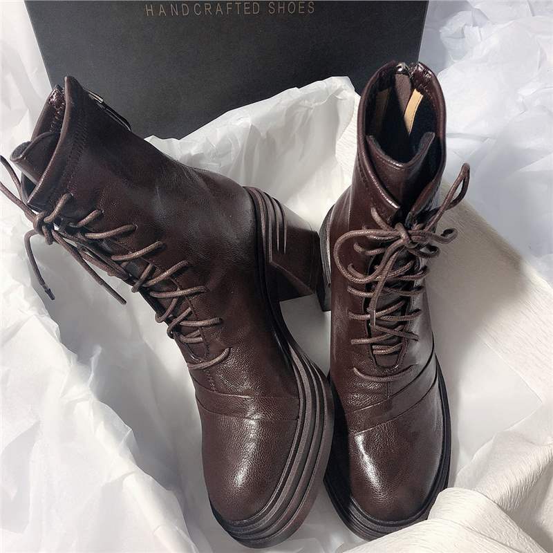 ~ Thick-soled thick-heeled lace-up elastic boots round head temperament leather rear zipper short thin Martin boots