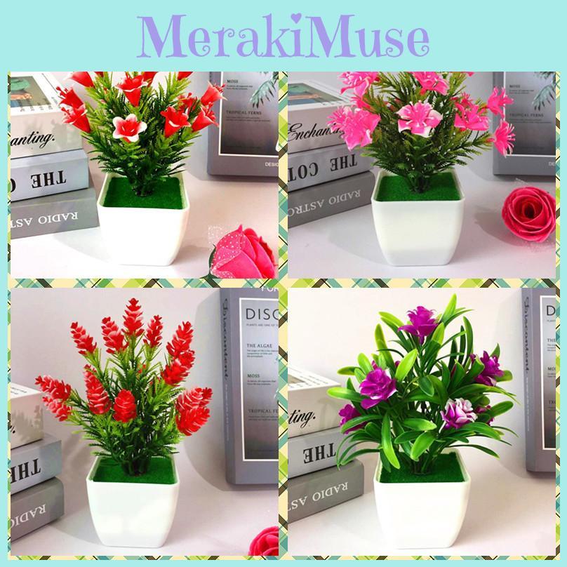 Miniature Potted Faux Flowers With Lilies Roses And Cones For Home Decor And Gift Ideas