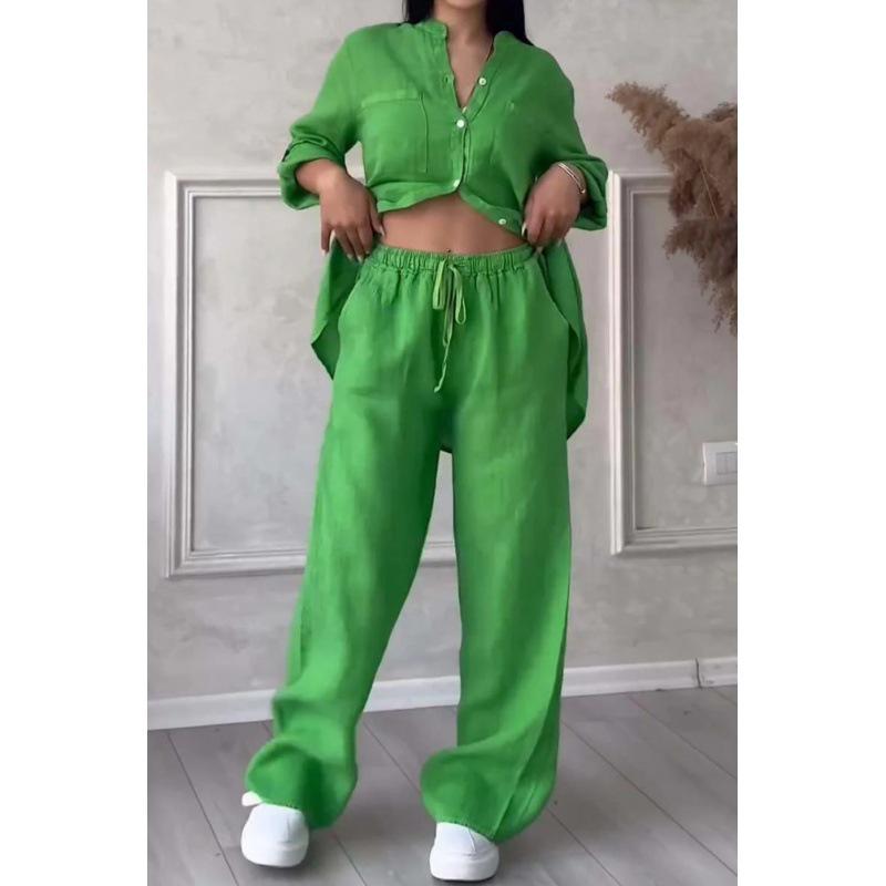 2026 Women's Solid Color Long-Sleeve Shirt & Wide-Leg Pants Set