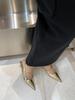 fashion Patent Leather Women Sandals Gold Silver Pointed Toe Thin Mid Heels Back Strap Summer 2024 New Dress Shoes Woman Size 35-39