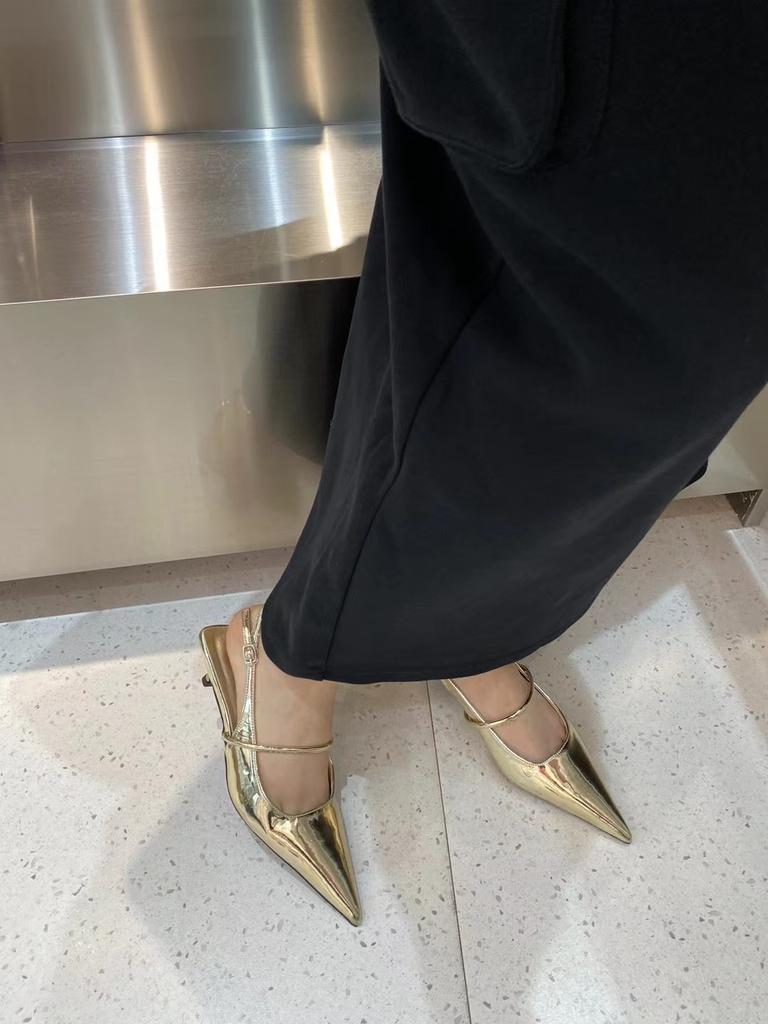 fashion Patent Leather Women Sandals Gold Silver Pointed Toe Thin Mid Heels Back Strap Summer 2024 New Dress Shoes Woman Size 35-39