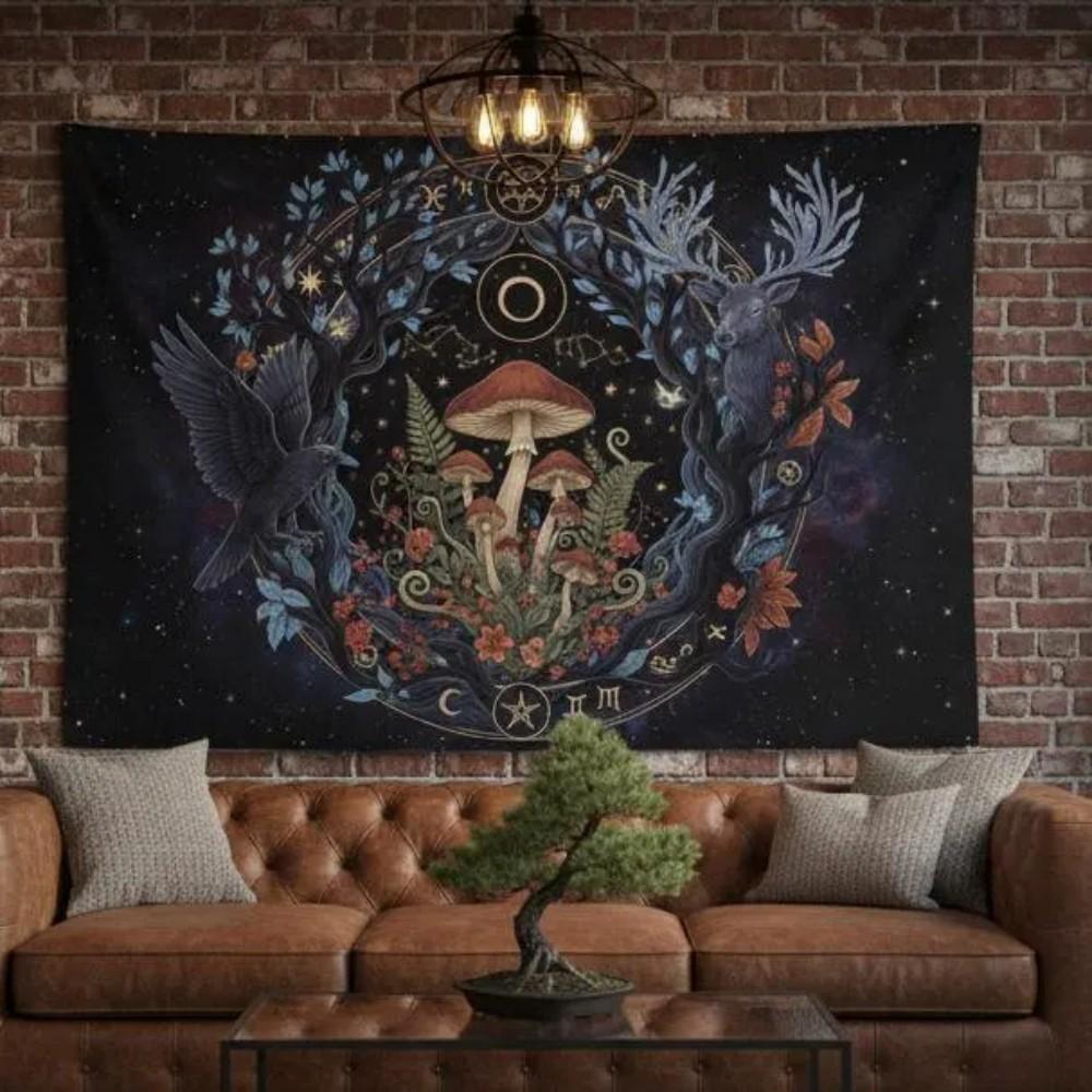 Dark Starry Night Forest Tapestry Mysterious Witch Background Cloth Living Room Meditation Room Room Decoration 100X70CM