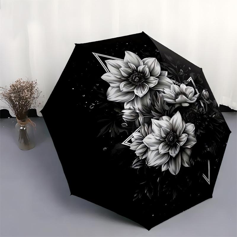 1pc Black and White Floral Mandala Umbrella with Plastic Handle,Suitable for All Seasons UmbrellaPT461