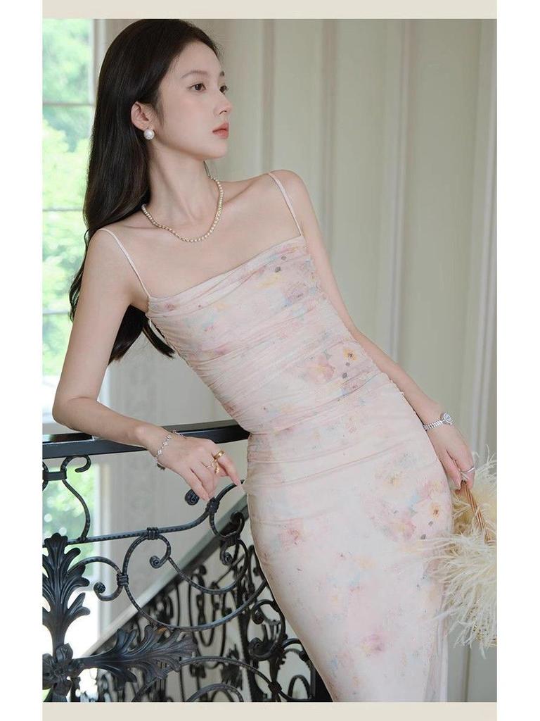 Off-Shoulder Floral Maxi Dress for Women, Slimming Mesh Waist, Gentle Summer Style