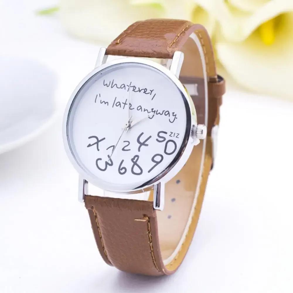 Women Whatever Im Late Anyway Letter Round Dial Faux Leather Strap Quartz Watch Fashion Letters Numbers Adjustable Women's Watch