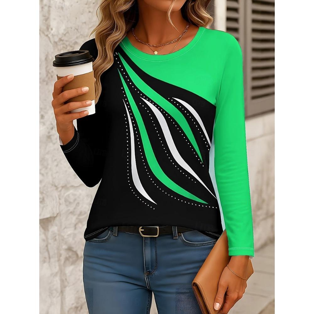 Women's T-shirt Casual Long Sleeve Tops Geometric Abstract Graphic Tees Shirts Blouse O-neck Fall Winter Streetwear Pullover