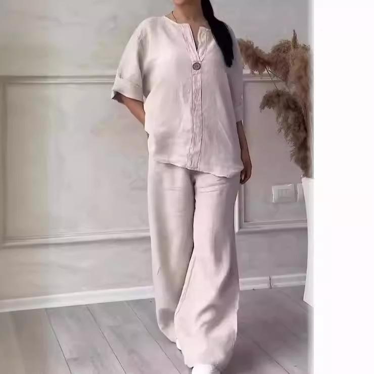 Women's Cross-Border Fashion Solid Color Cotton Linen Casual Set Pants