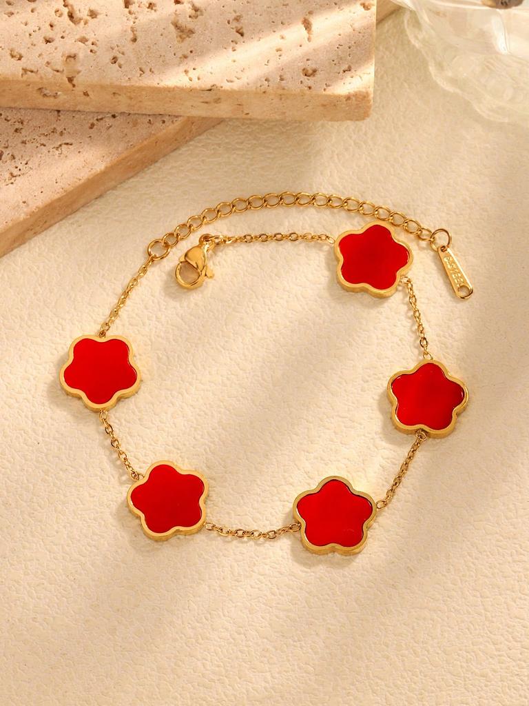Korean Fashion Elegant Simple Simple Hundred Stainless Steel 18K Gold-Plated Five Leaf Flower Mother-Of-Zircon Bracelet Women'S