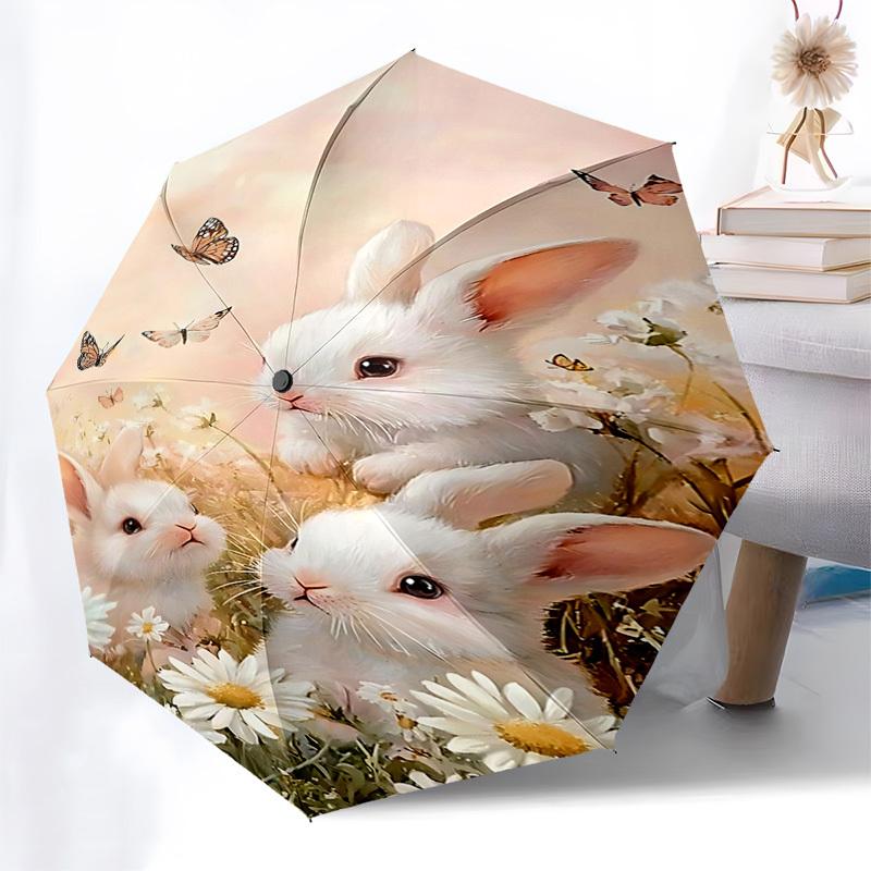1pc Rabbit Flowers Umbrella Automatic Open/close, 8-Rib Durable Frame, Compact Folding Design, Ideal Birthday/Holiday Gift  1173A