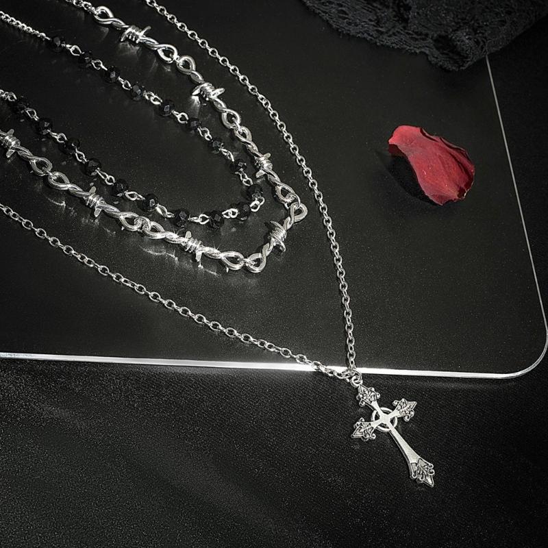 Punk Thorn Cross Pendant Necklace Dark Gothic Cross Fringe Choker Necklace for Women Unique Clavicle Chain Stylish Gift