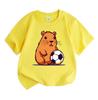 Cute Cartoon Capybara with Soccer Ball Kids T-Shirt 100% Cotton Casual Short Sleeve Round Neck Tee for Boys Girls Soft Breathable Summer Top Daily Pla