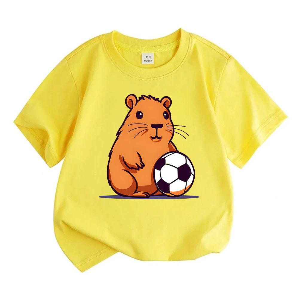 Cute Cartoon Capybara with Soccer Ball Kids T-Shirt 100% Cotton Casual Short Sleeve Round Neck Tee for Boys Girls Soft Breathable Summer Top Daily Pla