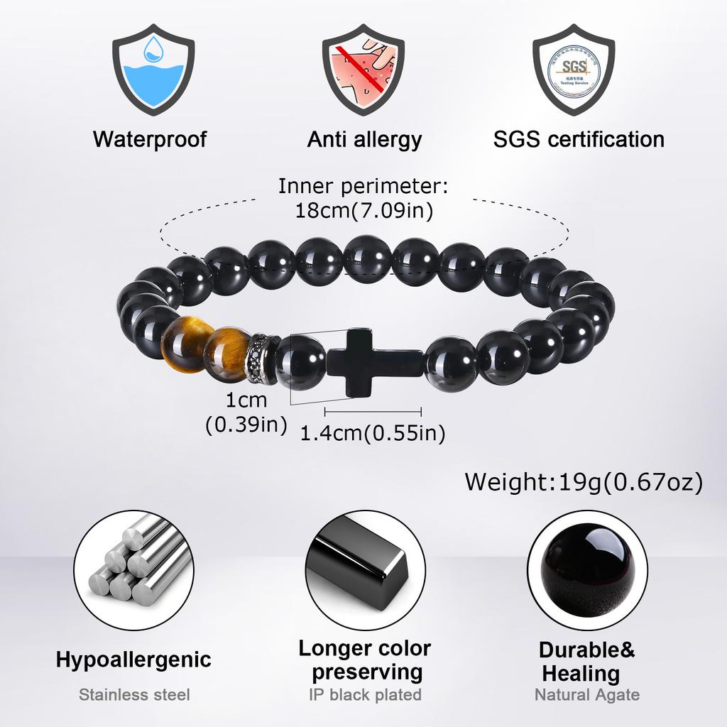 Religion Cross Men Women 8mm Natural Stone Tiger Eye & Black Matte Agates Bead Bracelet Elastic Bracelet Bangle Jewelry