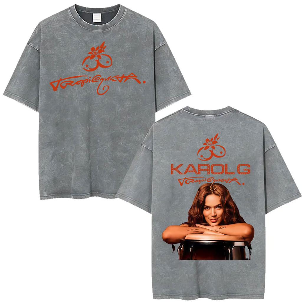 Karol G Tropicoqueta Tour New Album Vintage Washed T Shirts Men Women Fashion Aesthetic Tshirt Casual Cotton Loose T Shirt