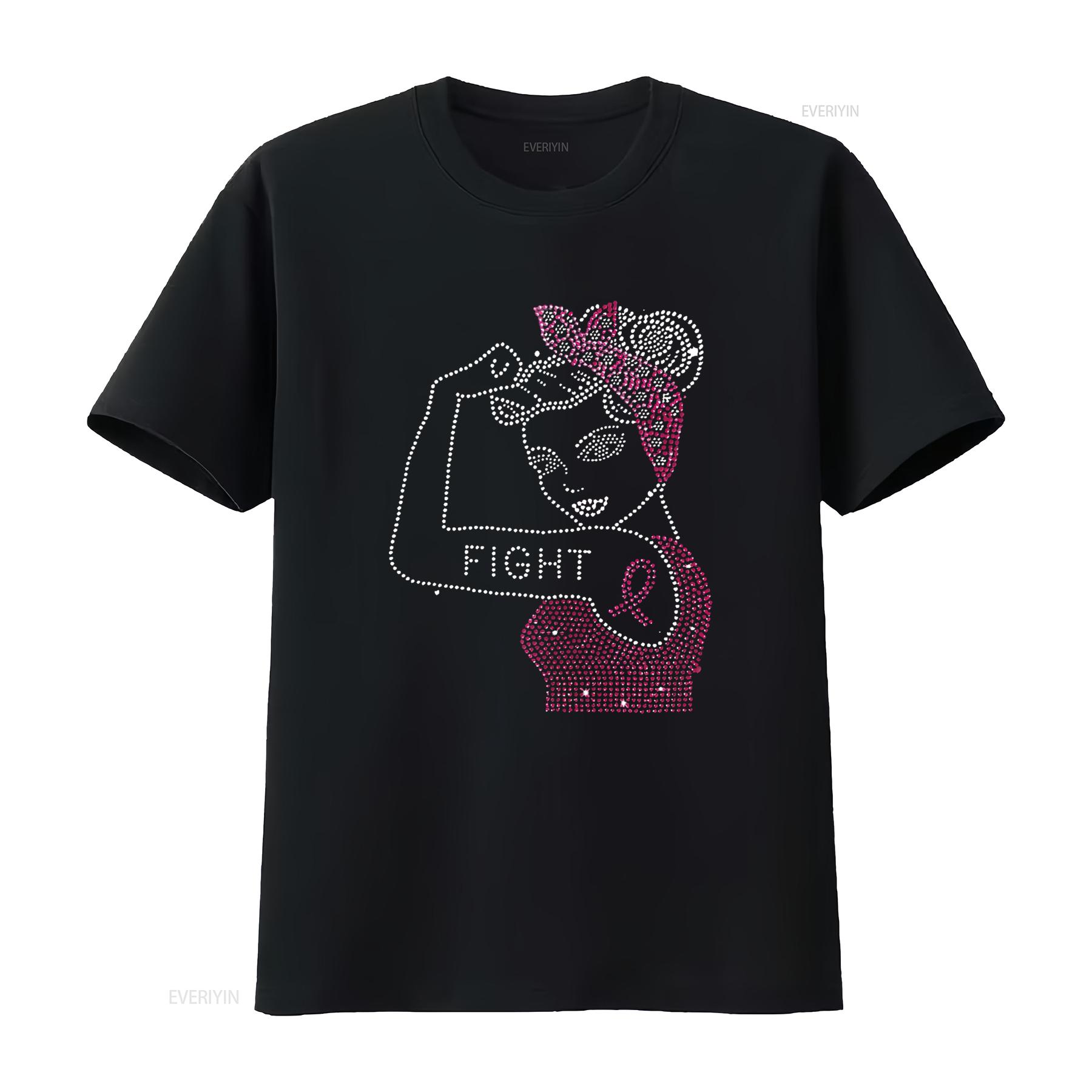 

Womens Fight Rosie the Riveter Rhinestone Breast Cancer Awareness T Shirt Black vintage Washed Stretched Stylish fashion 4XL