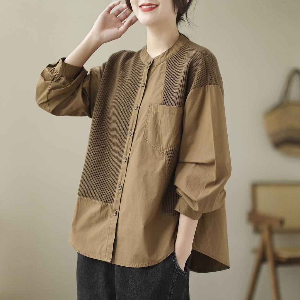 Johnature Camisas Femininas Vintage Tops Patchwork Cor Gola Alta Manga Longa Blusas de Botão Camisas Casuais de Outono