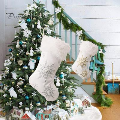 Christmas Stockings Snowflake Embroidered Hanging Socks with Plush Edge Festival Home Decor Gift Stockings for Xmas Party