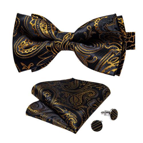 Conjunto de abotoaduras masculinas de seda azul ajustável com gravata borboleta Paisley floral Hanky