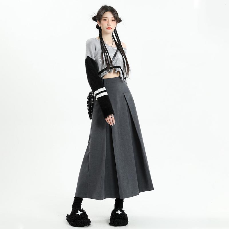Vintage šedý oblek sukně do A Dámské jarní podzimní vysokoškolský styl s vysokým pasem skládaná střední délka sukně dámská