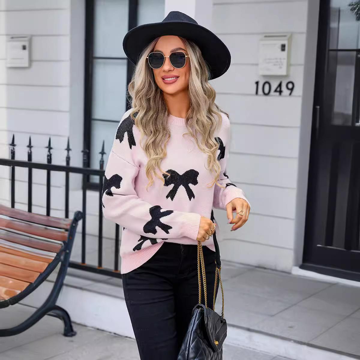 

Осенне-зимний свитер женский трикотаж пуловер с бантом длинный рукав трикотаж XL розовый