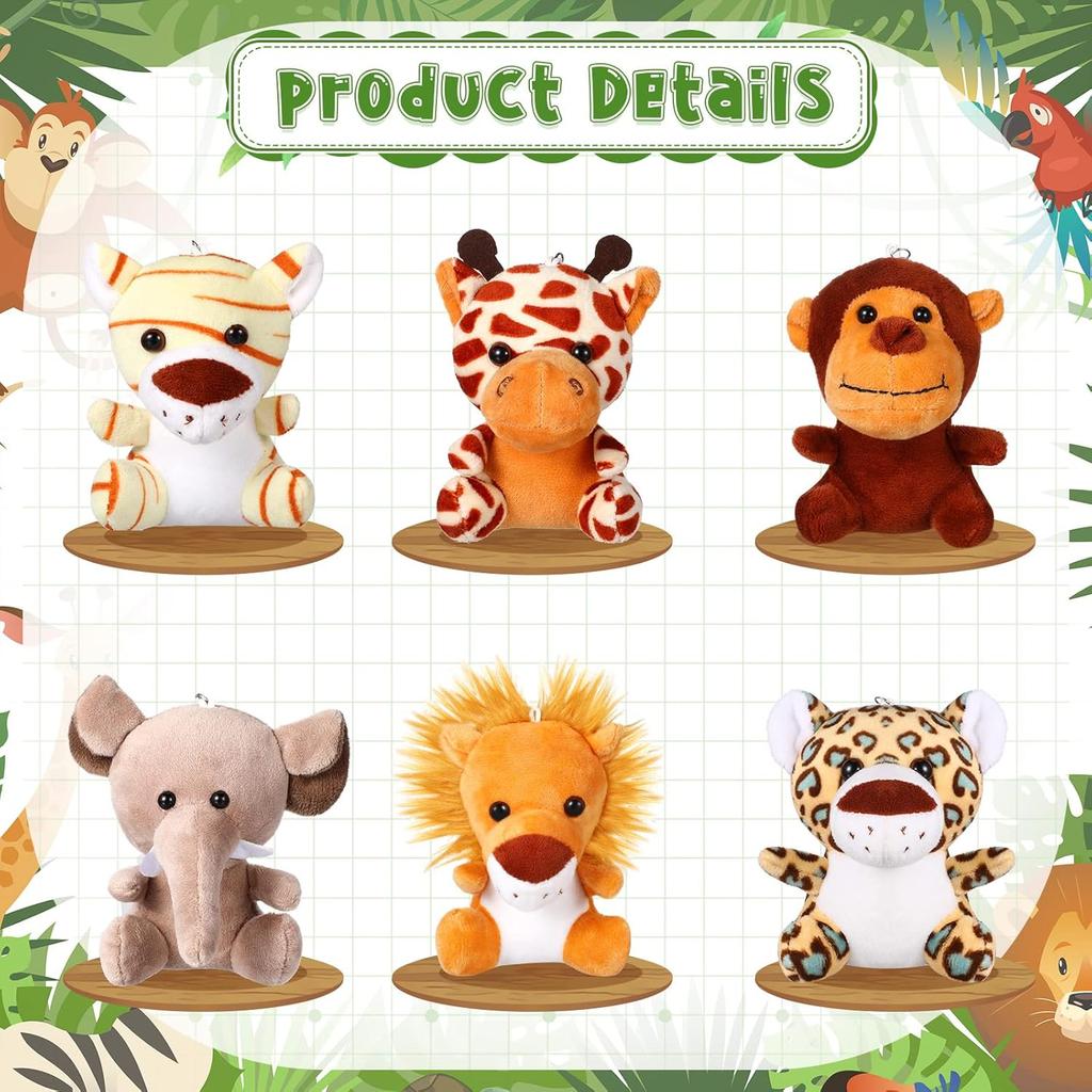 HyDren 18 Pcs Small Stuffed Animals Bulk Jungle Animal 4.8 Inch Safari Plush Lion Tiger Elephant Giraffe Leopard Monkey Figures for Valentines Day,