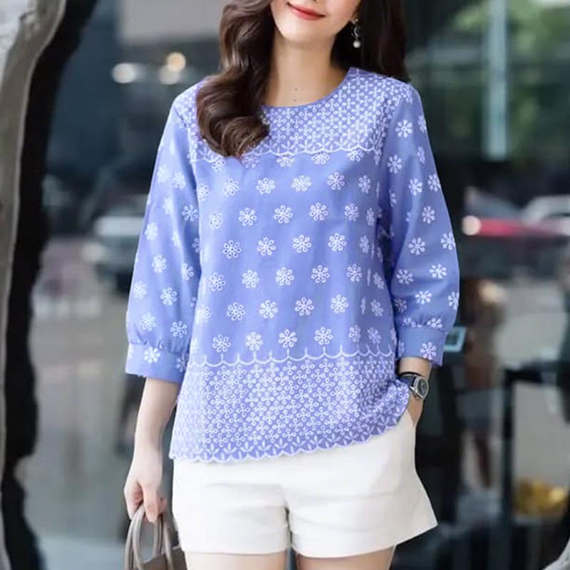 

ZANZEA Женская повседневная блузка с круглым вырезом и рукавом 3/4 с принтом 5XL синий