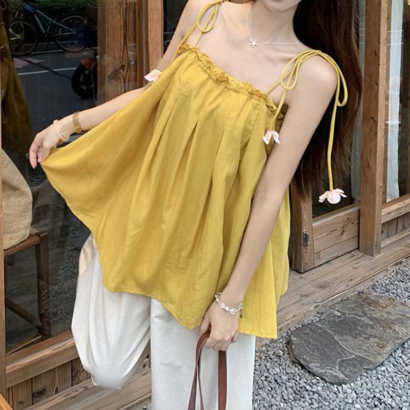 Korean Floral Strap Pleated Tank Top for Women, 2026 Summer New Pure Desire Youthful Loose Strappy Outerwear S