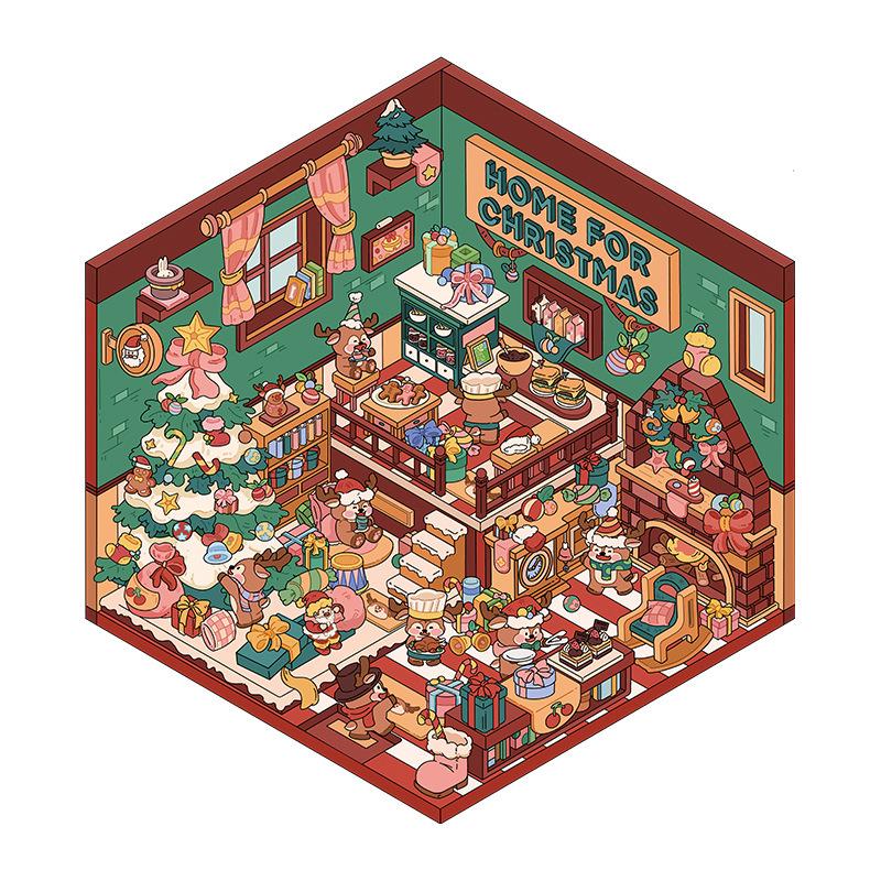 Christmas Miniature 3D Cabin Scene Stickers – Cute Handmade Cartoon Stickers for Journals