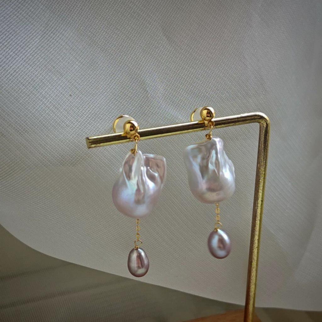 French Temperament Large Colorful Baroque Irregular Fishtail Pearl Earrings Purple Pearl Stud Earrings Pendant Women's