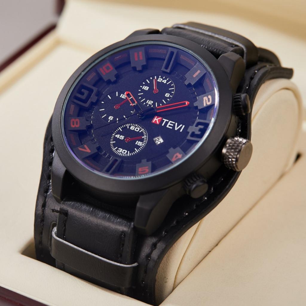 KTEVI Men Round Quartz Watch Multi Subdial Date Genuine Casual Military Sports Wristwatch Fashion Luxury Gift For Gentlemen