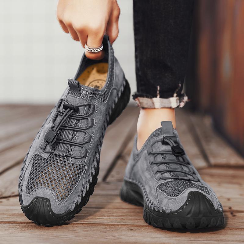 Handmade Genuine Leather Mesh Men's Shoes New Breathable Flat Casual Shoes Outdoor Walking Men's Sneakers Hiking Shoes Zapatilla