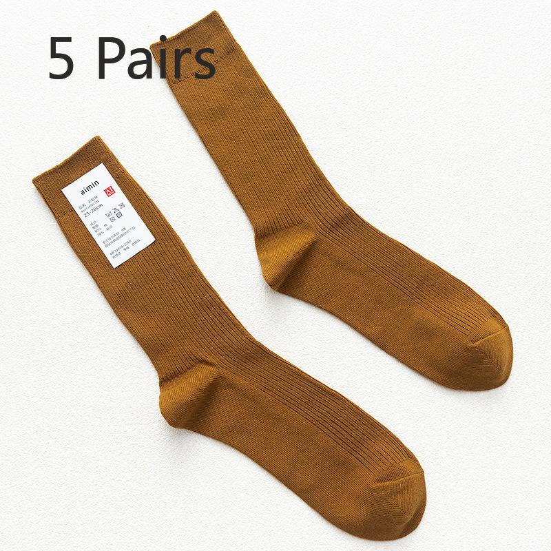 5 Pairs of Men's Retro Sweat-absorbing Vertical Striped Plain Color Cotton Mid Calf Socks